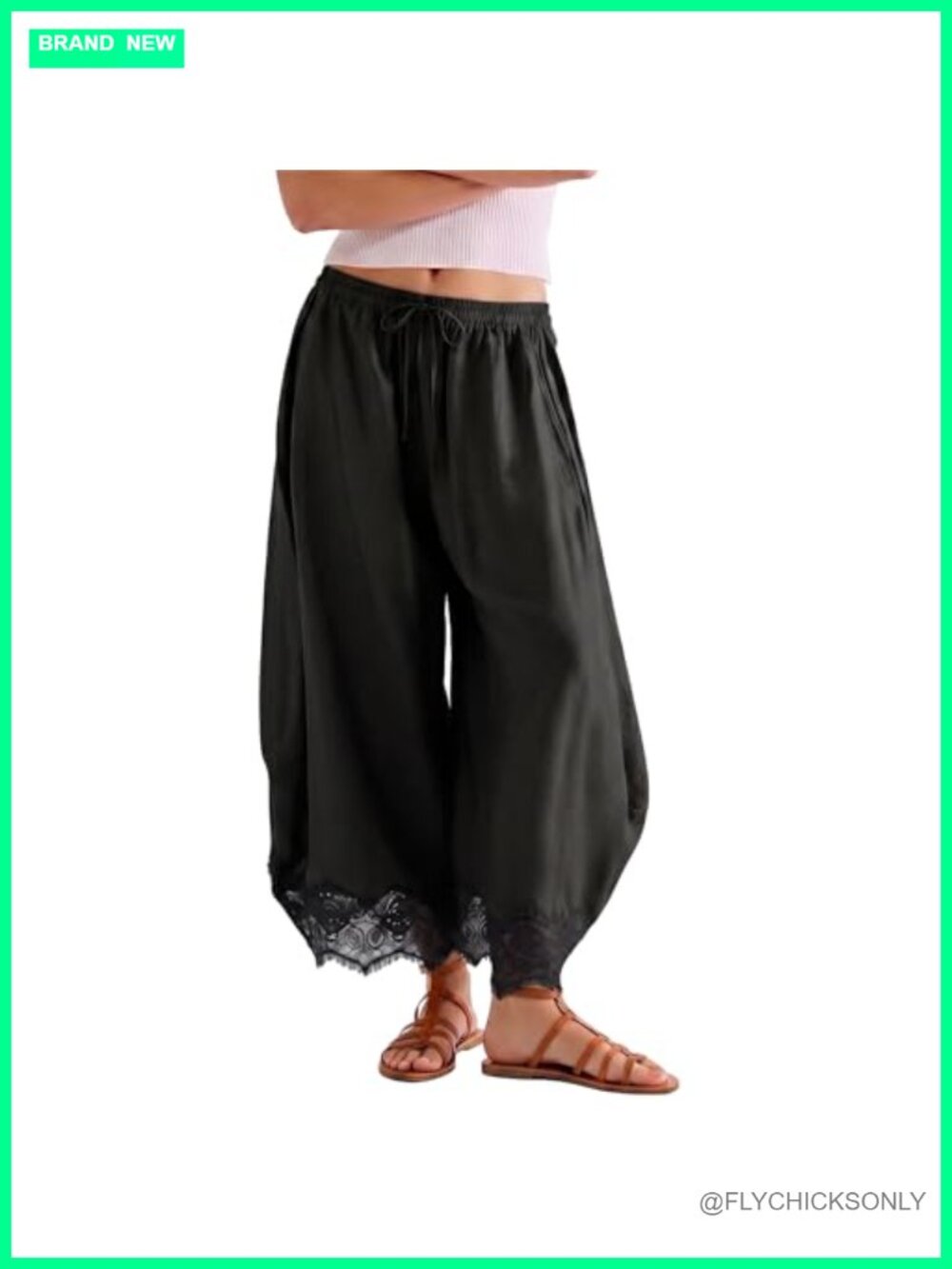 Womens Cropped Wide Leg Lace Hem High Rise Pull On Lounge Pants